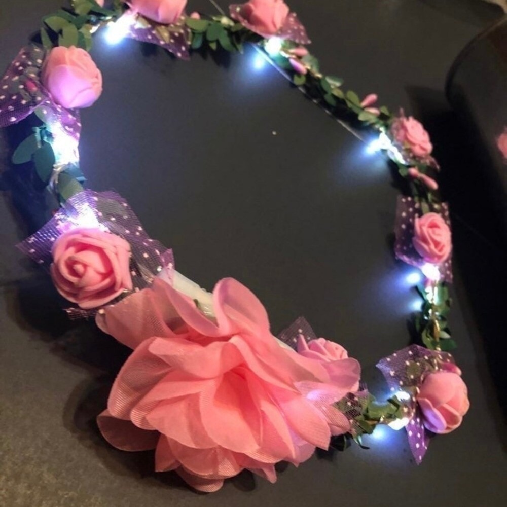 Floral Headband Pink Rose Flower Crown Light Up Wedding Party Hair Accessory 12